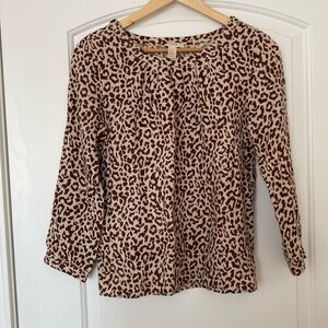 J. Crew Women's Khaki Brown Leopard Animal Print 100% Linen Top Size 0 EUC